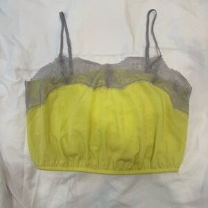 Free People Neon Chartreuse & Gray Lace Trim Cami Crop Top Sleeveless XS Elastic